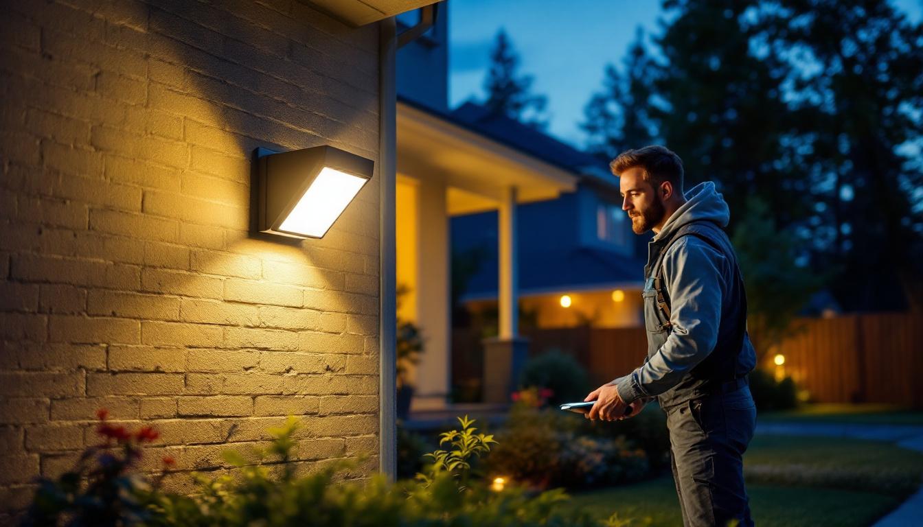 A photograph of a lighting contractor installing outdoor motion sensor lights in a residential setting