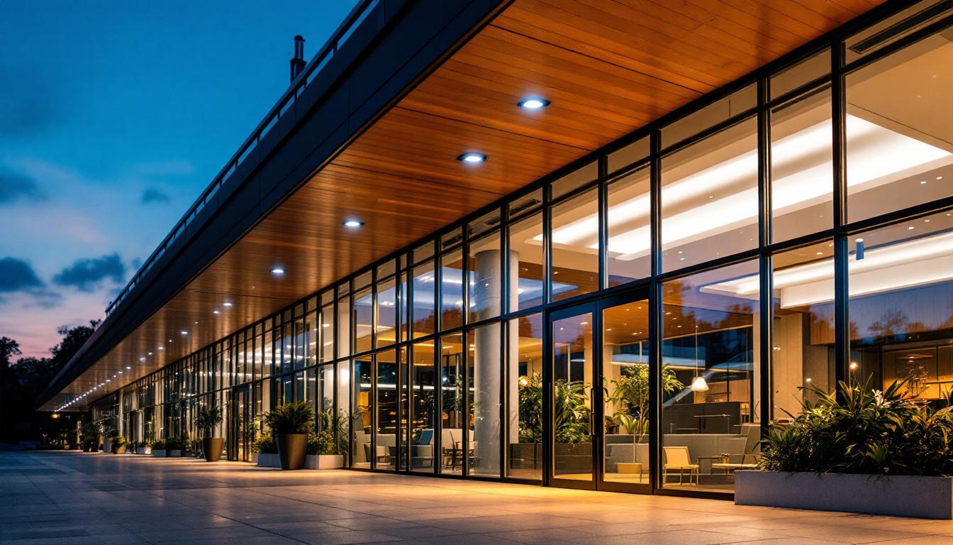 A photograph of a well-lit exterior of a commercial building at dusk