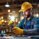 A photograph of a lighting contractor efficiently diagnosing and repairing a light bulb short in a commercial setting