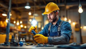 A photograph of a lighting contractor efficiently diagnosing and repairing a light bulb short in a commercial setting