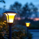 A photograph of a beautifully designed solar-powered yard lamp illuminating a garden or outdoor space at dusk