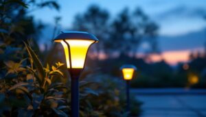 A photograph of a beautifully designed solar-powered yard lamp illuminating a garden or outdoor space at dusk