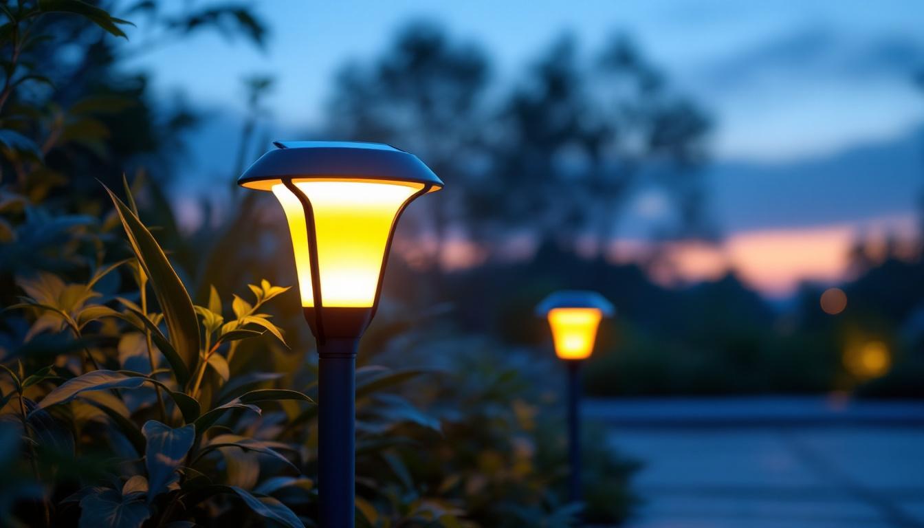 A photograph of a beautifully designed solar-powered yard lamp illuminating a garden or outdoor space at dusk