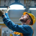 A photograph of a lighting contractor installing or adjusting an overhead work light in a well-lit workspace
