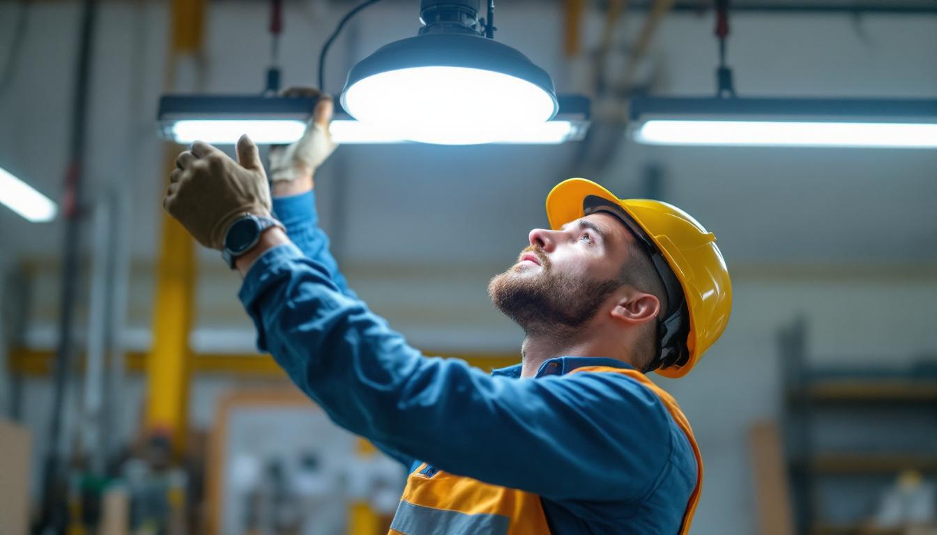 A photograph of a lighting contractor installing or adjusting an overhead work light in a well-lit workspace