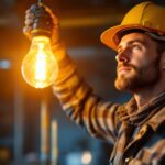 A photograph of a lighting contractor installing a high-pressure sodium light bulb in an industrial or commercial setting