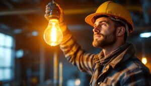 A photograph of a lighting contractor installing a high-pressure sodium light bulb in an industrial or commercial setting