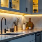 A photograph of a well-designed kitchen showcasing under cabinet lighting in action