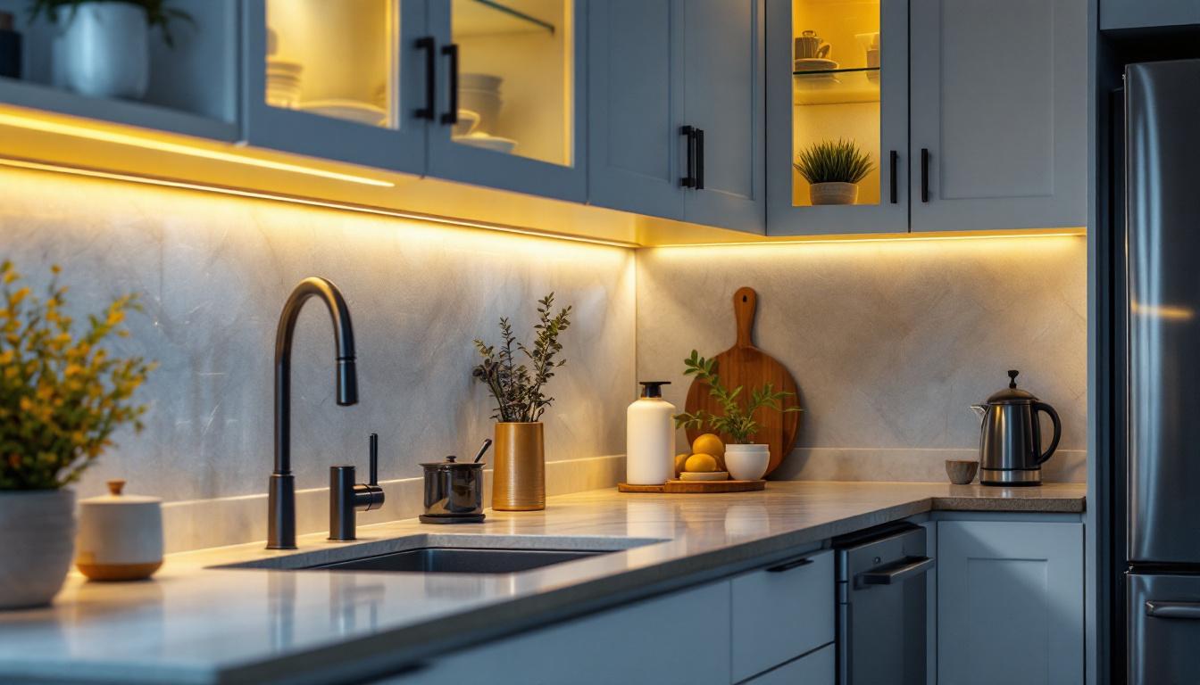 A photograph of a well-designed kitchen showcasing under cabinet lighting in action