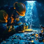 A photograph of a skilled lighting contractor installing or inspecting underwater electrical connectors in a serene aquatic environment