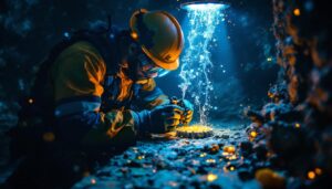 A photograph of a skilled lighting contractor installing or inspecting underwater electrical connectors in a serene aquatic environment