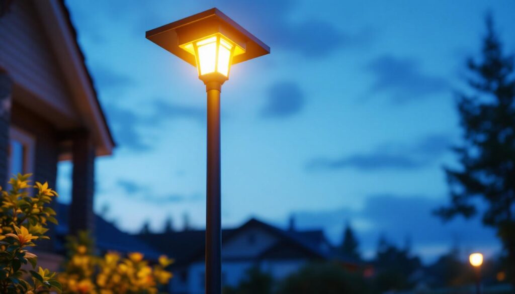 A photograph of a beautifully illuminated solar light post in a residential or public outdoor setting at dusk