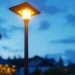 A photograph of a beautifully illuminated solar light post in a residential or public outdoor setting at dusk