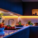 A photograph of a beautifully lit kitchen featuring sleek under-cabinet led lights illuminating the countertop