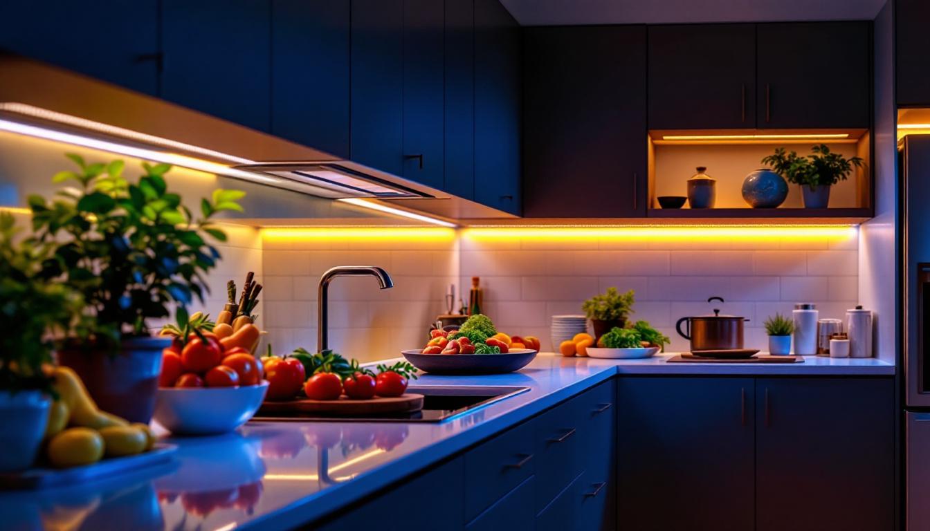 A photograph of a beautifully lit kitchen featuring sleek under-cabinet led lights illuminating the countertop