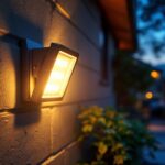 A photograph of a motion detector flood light bulb installed in an outdoor setting