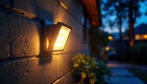 A photograph of a motion detector flood light bulb installed in an outdoor setting