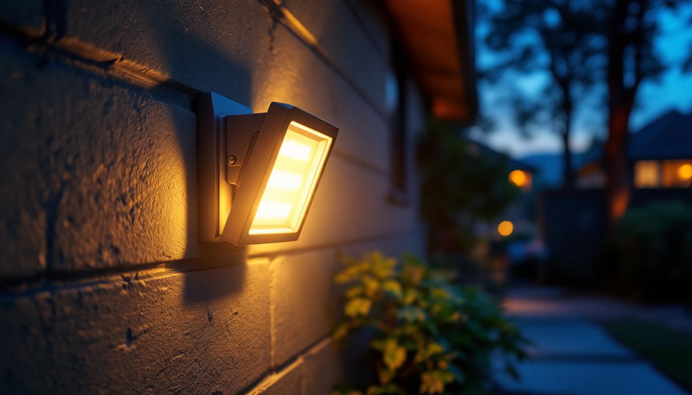 A photograph of a motion detector flood light bulb installed in an outdoor setting