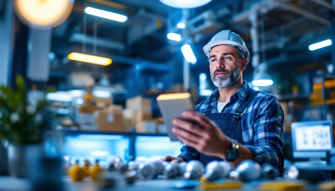A photograph of a lighting contractor examining various led lights in a well-lit workspace