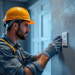 A photograph of a skilled lighting contractor installing or inspecting a modern electrical outlet in a residential setting