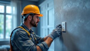 A photograph of a skilled lighting contractor installing or inspecting a modern electrical outlet in a residential setting