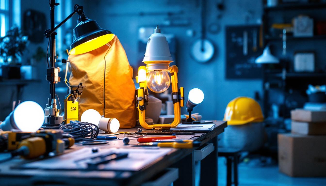 A photograph of a well-lit workspace featuring a variety of led lamps with price tags