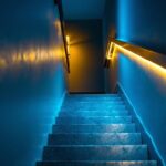 A photograph of a well-lit basement stairway showcasing effective lighting solutions