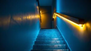 A photograph of a well-lit basement stairway showcasing effective lighting solutions