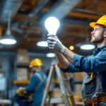 A photograph of a lighting contractor in action