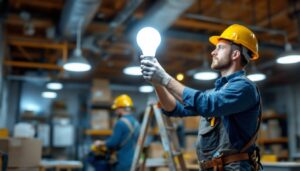 A photograph of a lighting contractor in action