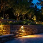 A photograph of a beautifully lit retaining wall at dusk