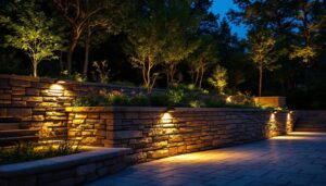 A photograph of a beautifully lit retaining wall at dusk