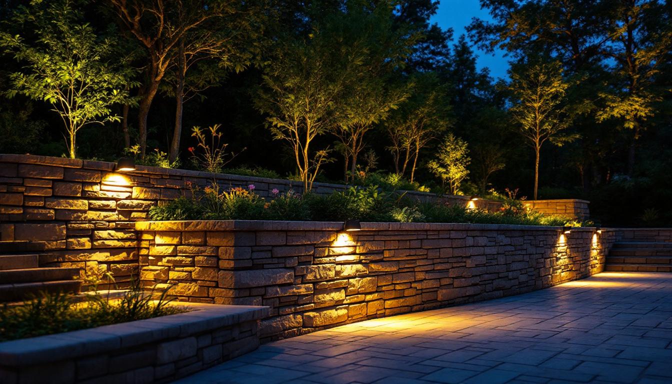 A photograph of a beautifully lit retaining wall at dusk
