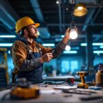 A photograph of a lighting contractor working on a project
