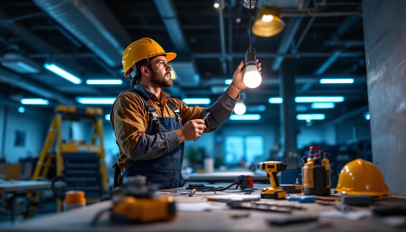 A photograph of a lighting contractor working on a project