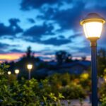 A photograph of a well-lit outdoor space featuring solar white lights