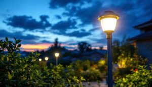 A photograph of a well-lit outdoor space featuring solar white lights
