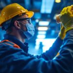 A photograph of a lighting contractor installing or demonstrating uv and uvc light fixtures in a commercial setting