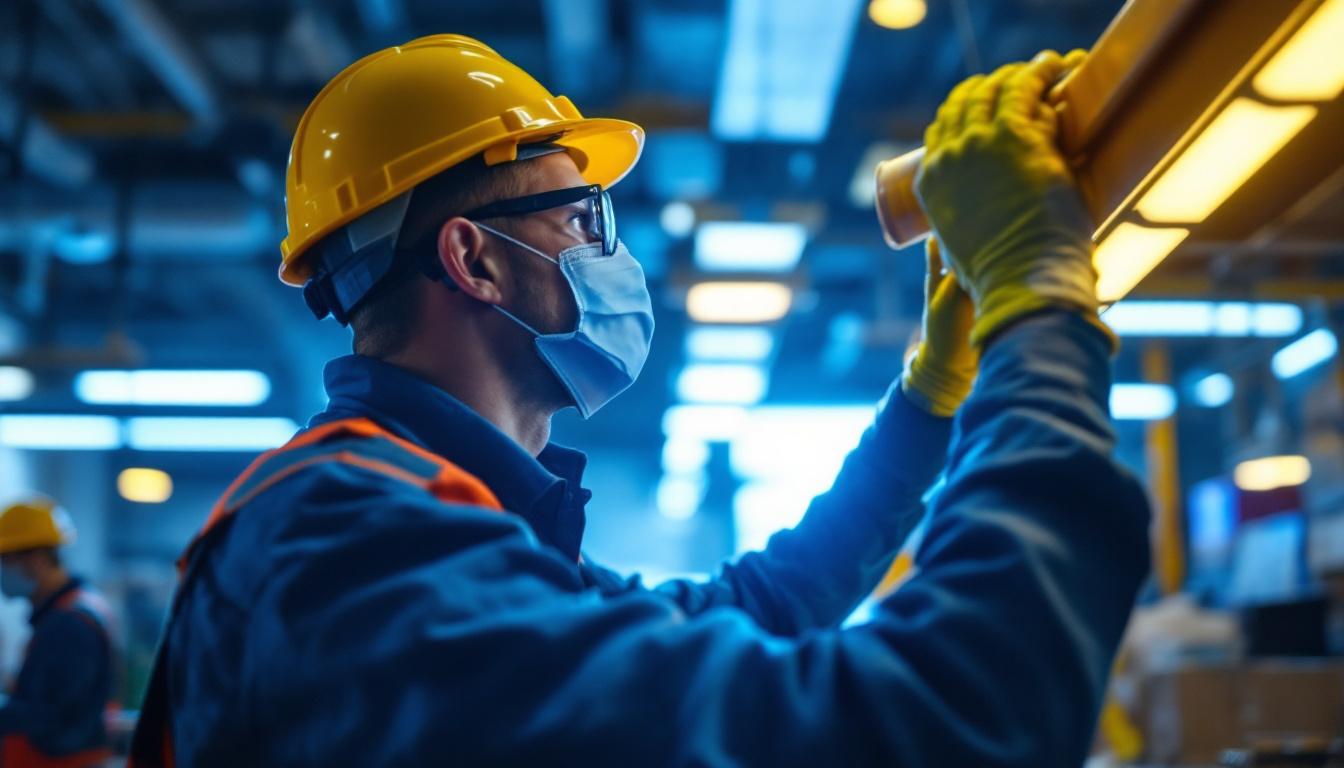 A photograph of a lighting contractor installing or demonstrating uv and uvc light fixtures in a commercial setting