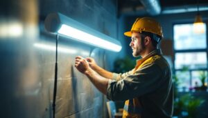 A photograph of a well-lit workspace featuring a 2ft fluorescent light in action