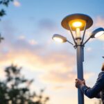 A photograph of a lighting contractor installing a sleek