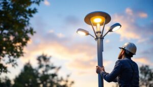 A photograph of a lighting contractor installing a sleek
