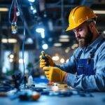 A photograph of a lighting contractor skillfully installing wire connectors in a well-lit