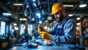 A photograph of a lighting contractor skillfully installing wire connectors in a well-lit