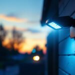 A photograph of a modern security led light installed in a residential or commercial setting at dusk