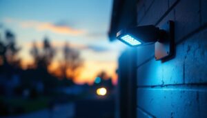 A photograph of a modern security led light installed in a residential or commercial setting at dusk