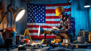 A photograph of a lighting contractor working on a job site