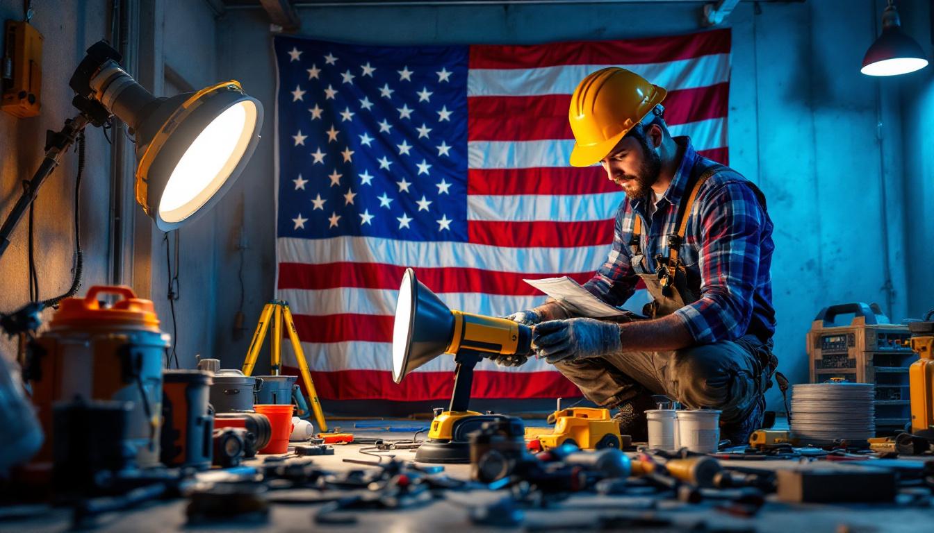 A photograph of a lighting contractor working on a job site