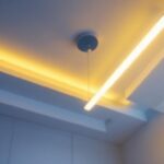 A photograph of a beautifully designed long ceiling light fixture installed in a modern interior space