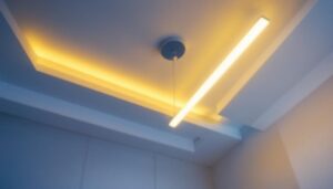 A photograph of a beautifully designed long ceiling light fixture installed in a modern interior space